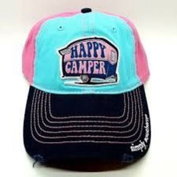 Simply Southern Happy Camper Embroidered Pink Teal Baseball Hat Cap Distressed - Picture 1 of 8